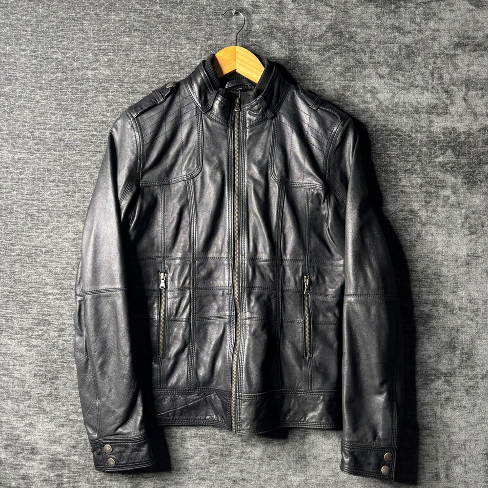 GUESS Los Angeles Womens Black Genuine Leather Moto Jacket Rib Knit Trim Size M